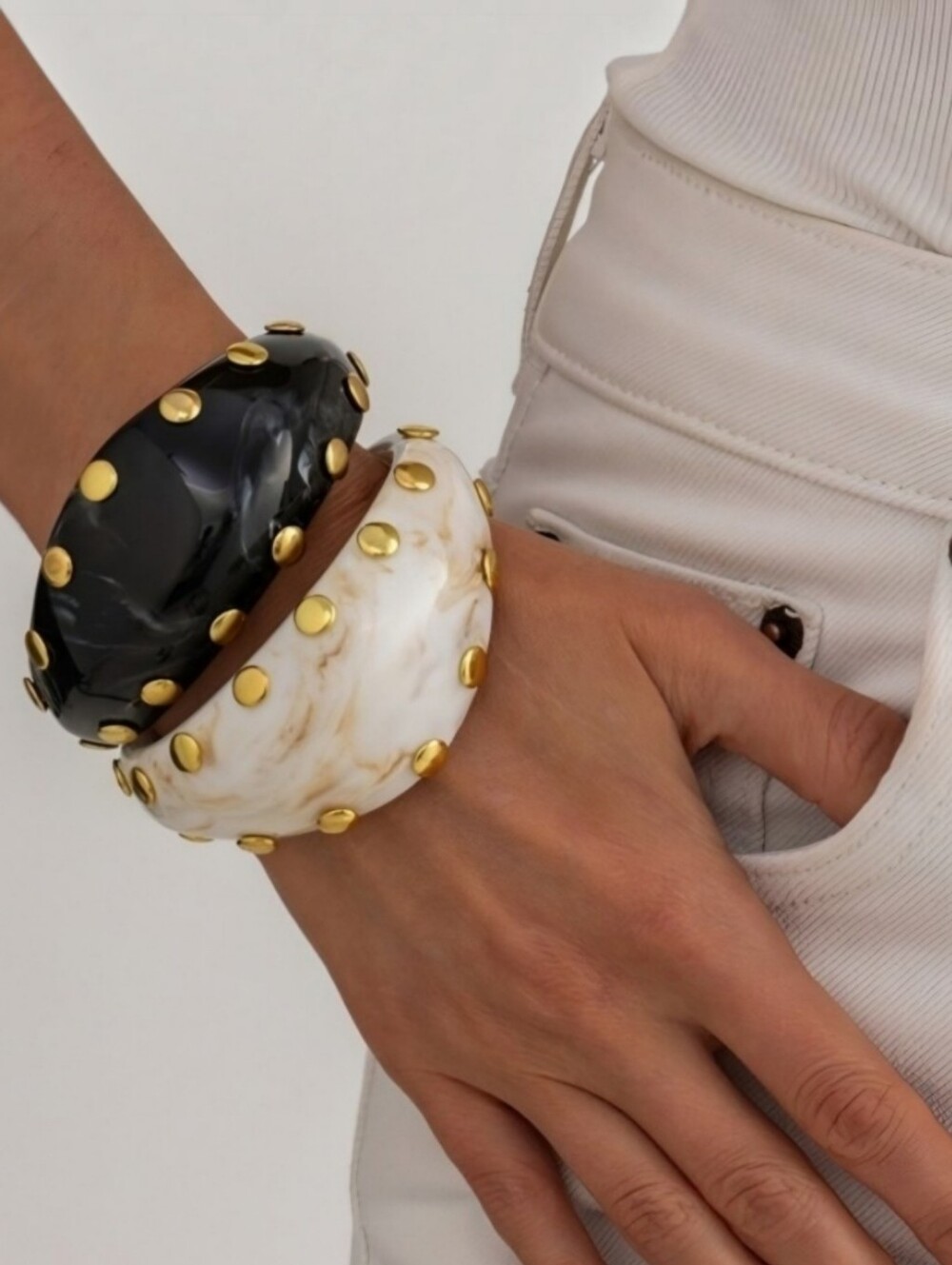 2 piece bohemian black & white metal studded lucite armlet or bracelets NWOT